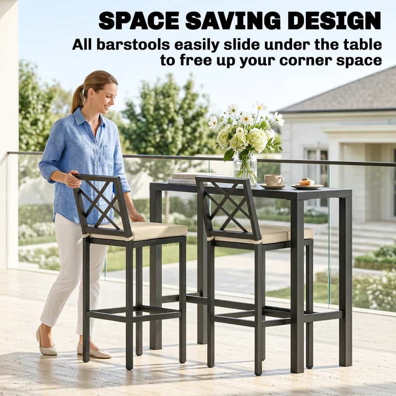 Outsunny 3 Piece Patio Bar Set, Outdoor Bar Table and Stools, Electrophoresis Steel Tabletop, X Back, Footrest, Cushions, Khaki