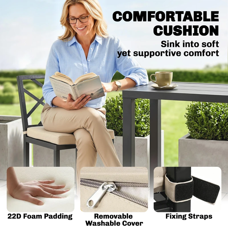 Outsunny 3 Piece Patio Bar Set, Outdoor Bar Table and Stools, Electrophoresis Steel Tabletop, X Back, Footrest, Cushions, Khaki
