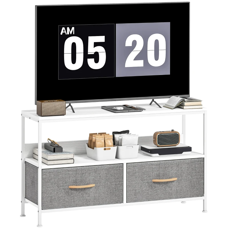HOMCOM TV Stand with Charging Station, TV Table with 2 Foldable Linen Drawers and Open Shelf for 47 Inch Television, White