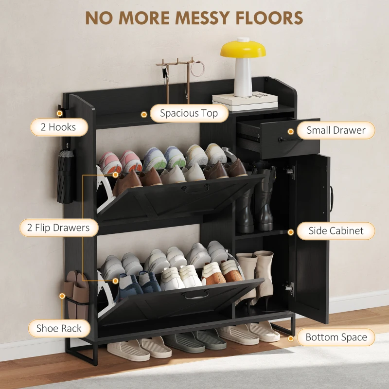 HOMCOM Farmhouse Shoe Storage Cabinet with Side Cabinet and Adjustable Shelves for Entryway, Hallway, Holds 12 Pairs, Black