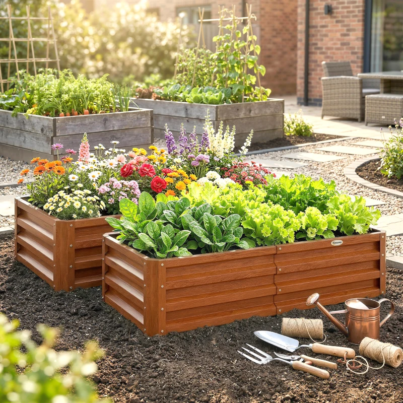 Outsunny 4' x 2' x 1' Raised Garden Bed, Set of 2 Galvanized Planter Box for Vegetables, Flowers, Herbs, Dark Brown Wood Effect