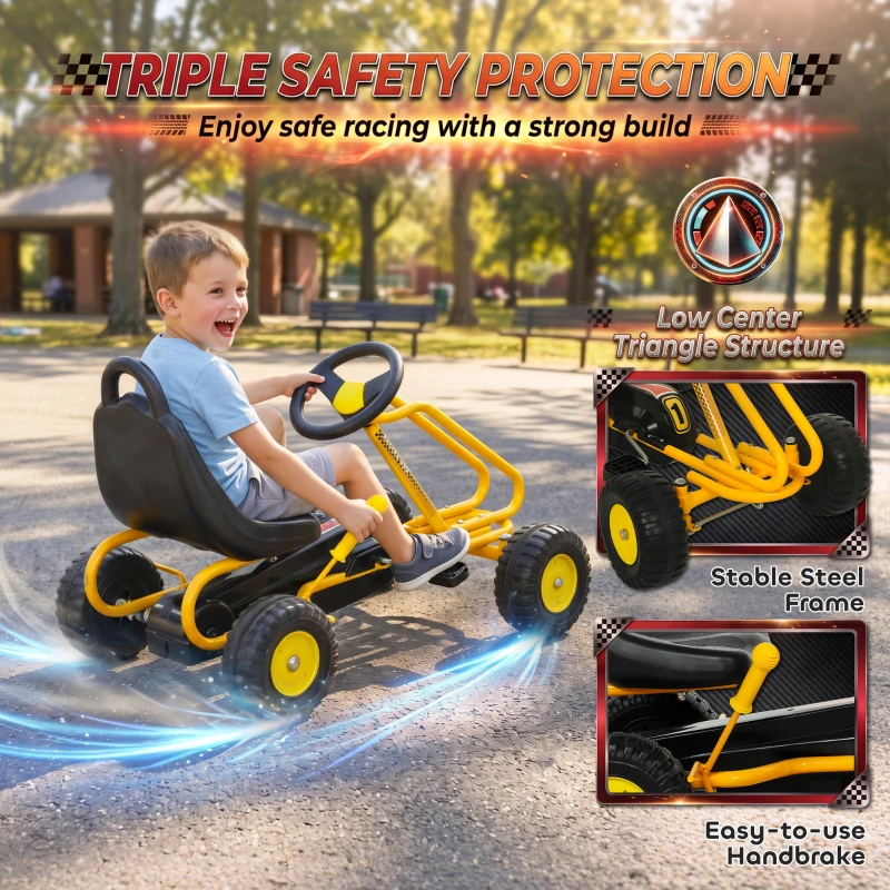 Qaba Go Kart for Kids, 4 Wheel Pedal Go Cart with Adjustable Seat, Safety Hand Brake for Boys Girls 3-6 Years, Yellow