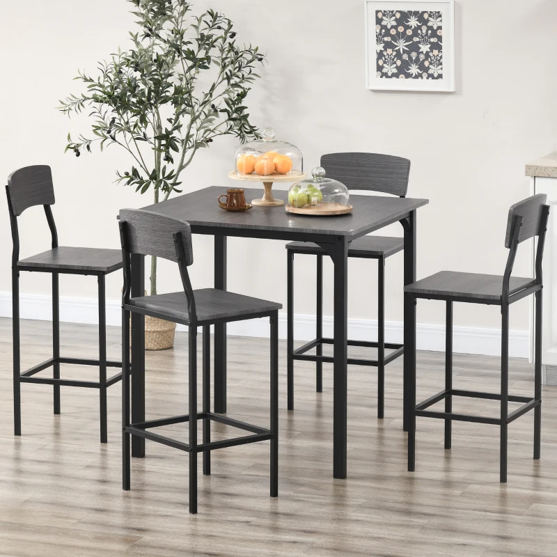 HOMCOM 5-Piece Counter Height Bar Table with Space-Saving Design, Square Kitchen Table and Chairs Set with Footrest, Metal Legs, Industrial Dining Table Set for 4, Gray