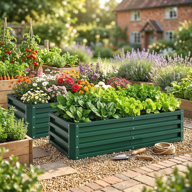 Outsunny 4' x 2' x 1' Raised Garden Bed, Set of 2 Galvanized Planter Box for Vegetables, Flowers, Herbs, Green