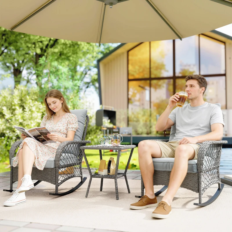 Outsunny Rocking Bistro Set, 3 Piece Wicker Patio Furniture with High Back Rocking Chairs and 2-Tier Glass Table, Light Grey