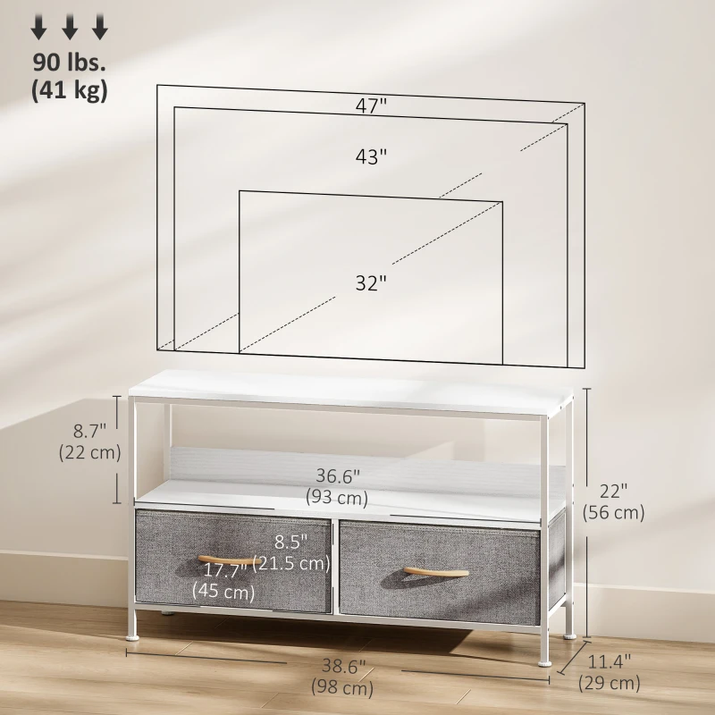 HOMCOM TV Stand with Charging Station, TV Table with 2 Foldable Linen Drawers and Open Shelf for 47 Inch Television, White