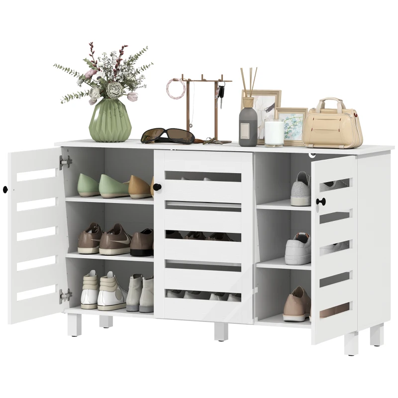 HOMCOM Shoe Cabinet with 3 Slatted Doors, 3-tier Shelving Rack Cabinet with Adjustable Shelves for 15 Pairs of Shoes, White
