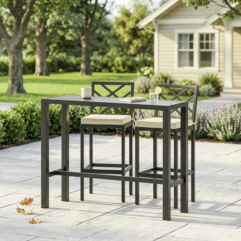 Outsunny 3 Piece Patio Bar Set, Outdoor Bar Table and Stools, Electrophoresis Steel Tabletop, X Back, Footrest, Cushions, Khaki