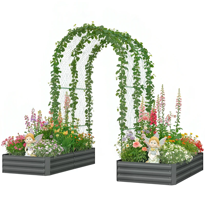Outsunny Metal Raised Garden Bed with Trellis, Galvanized Garden Bed Kit Outdoor Garden Box with Trellis, Dark Grey
