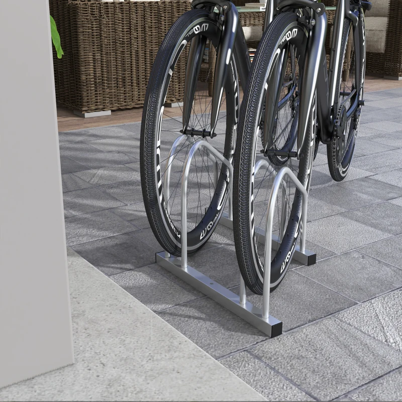 HOMCOM 2-Bike Adjustable Bike Rack, Steel Bike Stand, Ground Mount Garage Organizer for Indoor and Outdoor Use, Silver
