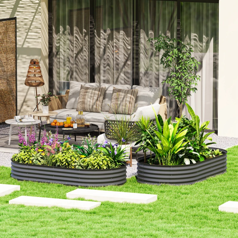 Outsunny 6' x 3' x 1' Large Outdoor Planter Box, Galvanized Raised Garden Bed with Metal Plant Stake, Dark Grey