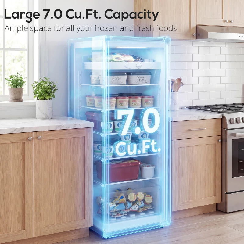 HOMCOM 7.0 Cu.Ft Upright Freezer, Compact Stand Up Freezer with 6 Adjustable Shelves, Reversible Door for Home Office, Black