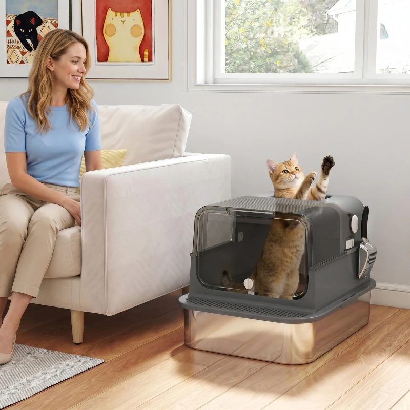 PawHut XXL Stainless Steel Cat Litter Tray, Enclosed Cat Litter Box for Big Cats with High Sides, Scoop, Easy Clean, Black