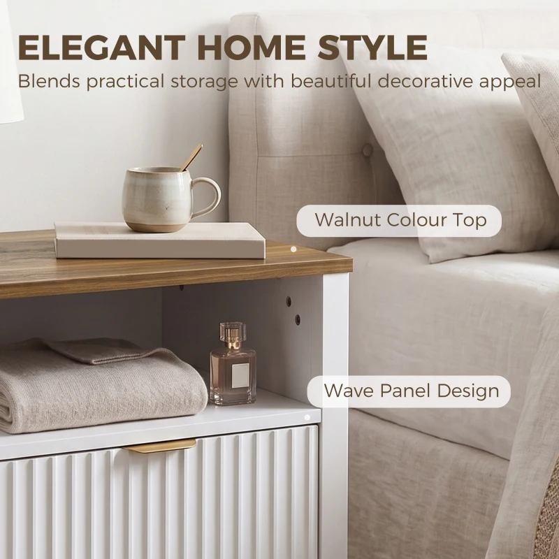 HOMCOM Modern Nightstand with 2 Fluted Drawers, Bedside Table with Open Storage Shelf, Anti-tipping Design, White and Walnut
