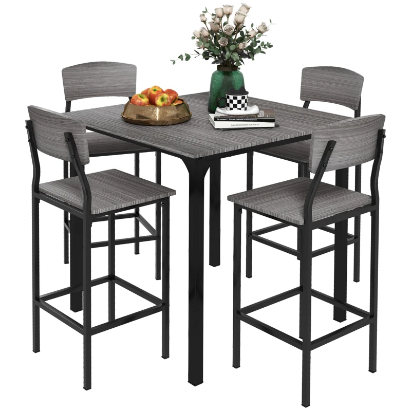 HOMCOM 5-Piece Counter Height Bar Table with Space-Saving Design, Square Kitchen Table and Chairs Set with Footrest, Metal Legs, Industrial Dining Table Set for 4, Gray