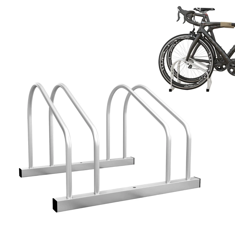 HOMCOM 2-Bike Adjustable Bike Rack, Steel Bike Stand, Ground Mount Garage Organizer for Indoor and Outdoor Use, Silver