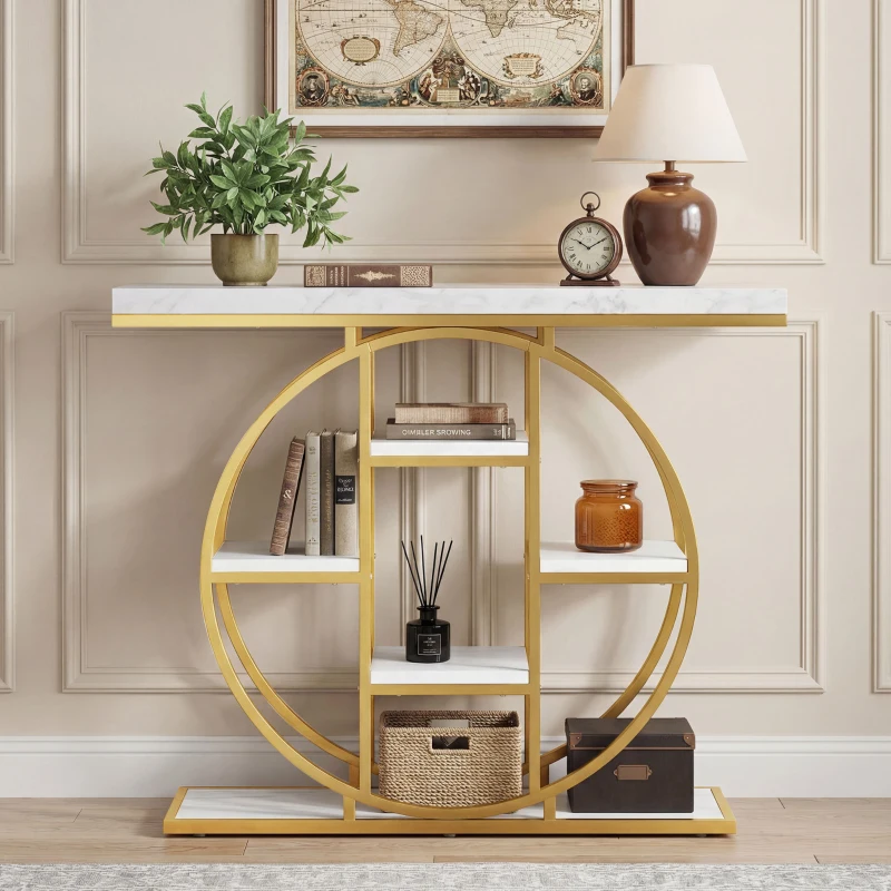 HOMCOM 39.4" Console Table with Storage Shelves, Industrial Sofa Table for Living Room, Hallway, White Marble Effect