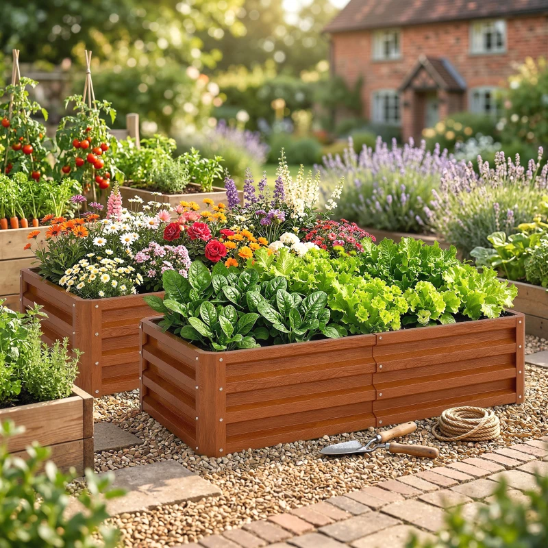 Outsunny 4' x 2' x 1' Raised Garden Bed, Set of 2 Galvanized Planter Box for Vegetables, Flowers, Herbs, Dark Brown Wood Effect
