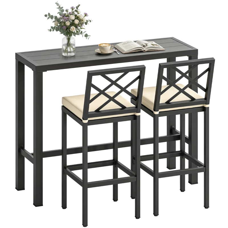 Outsunny 3 Piece Patio Bar Set, Outdoor Bar Table and Stools, Electrophoresis Steel Tabletop, X Back, Footrest, Cushions, Khaki