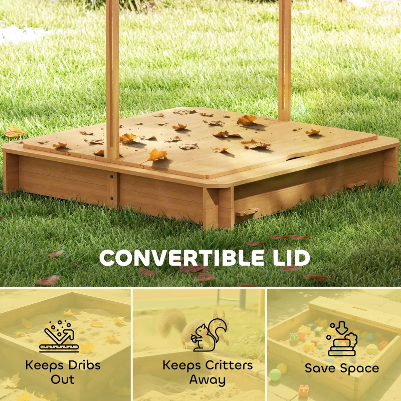 Outsunny Wooden Kids Sandbox with Cover, Sand Play Station with Foldable Bench Seats and Adjustable Canopy, Light Brown