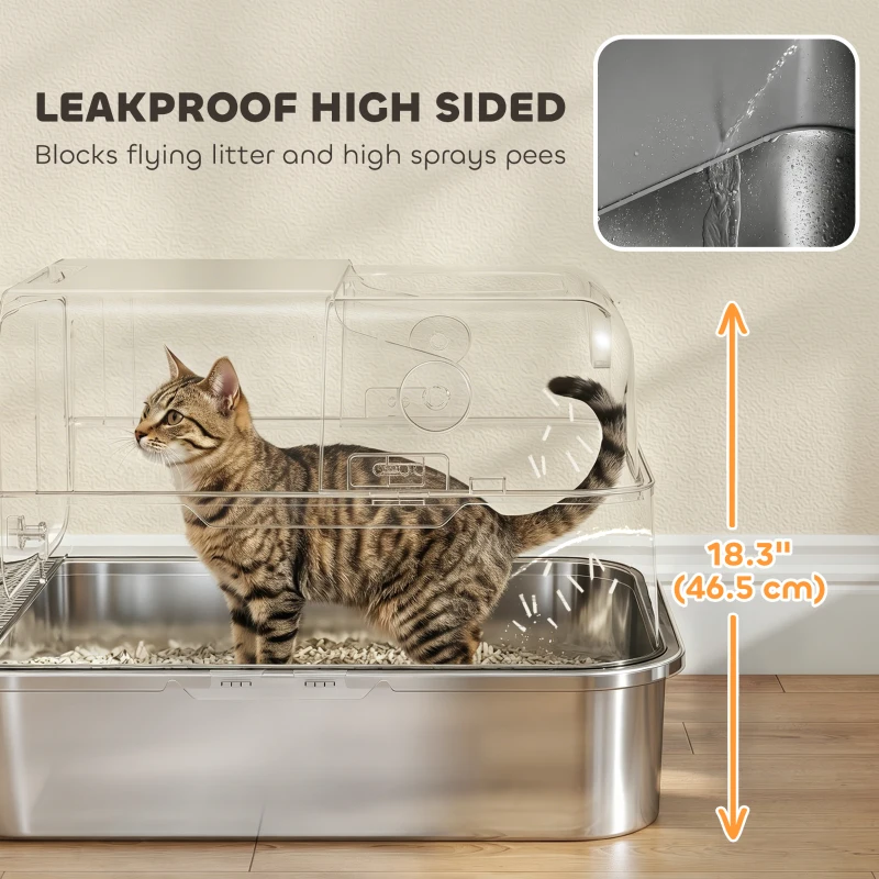 PawHut XXL Stainless Steel Cat Litter Tray, Enclosed Cat Litter Box for Big Cats with High Sides, Scoop, Easy Clean, Black