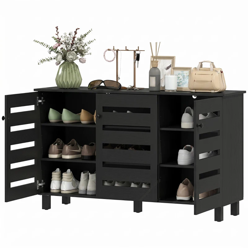 HOMCOM Shoe Cabinet with 3 Slatted Doors, 3-tier Shelving Rack Cabinet with Adjustable Shelves for 15 Pairs of Shoes, Black