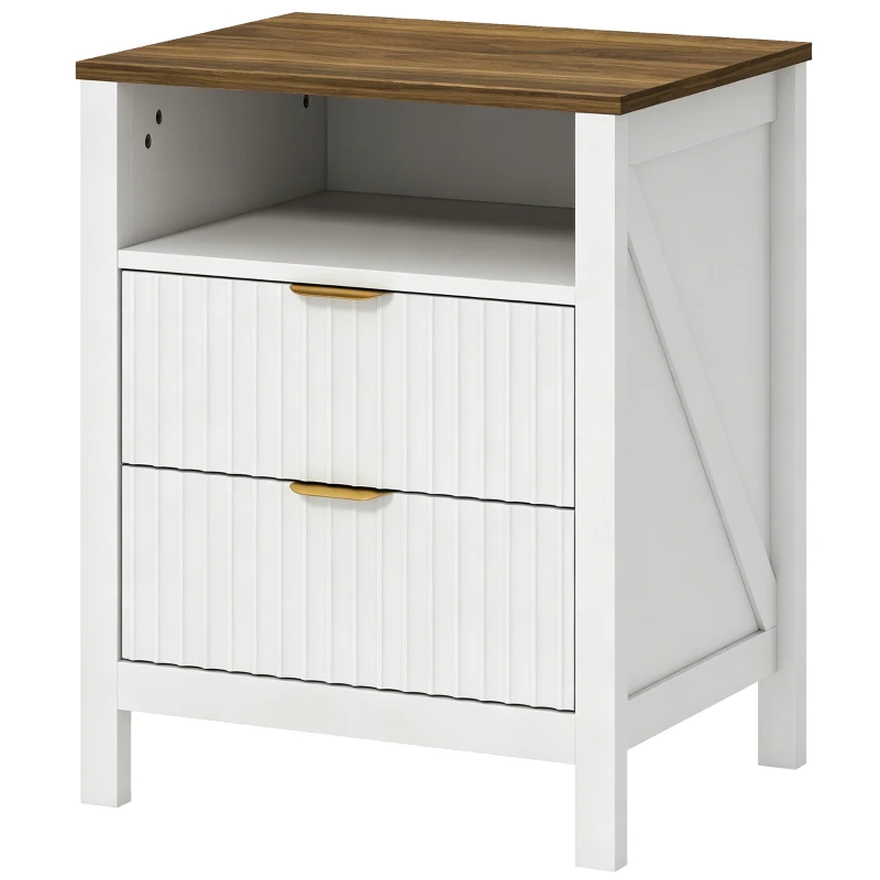 HOMCOM Modern Nightstand with 2 Fluted Drawers, Bedside Table with Open Storage Shelf, Anti-tipping Design, White and Walnut