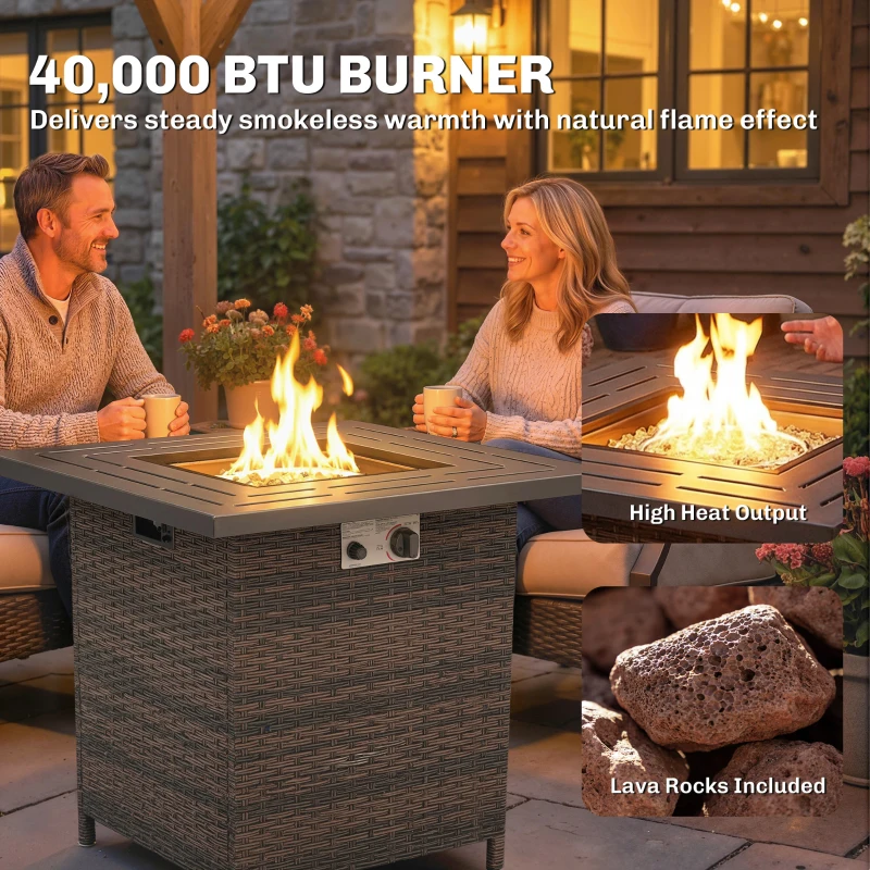 Outsunny Propane Fire Pit Table, 28 Inch 40,000 BTU Square Rattan Fire Table with Lava Rock, Pulse-Ignition Wicker Gas Fire Pit