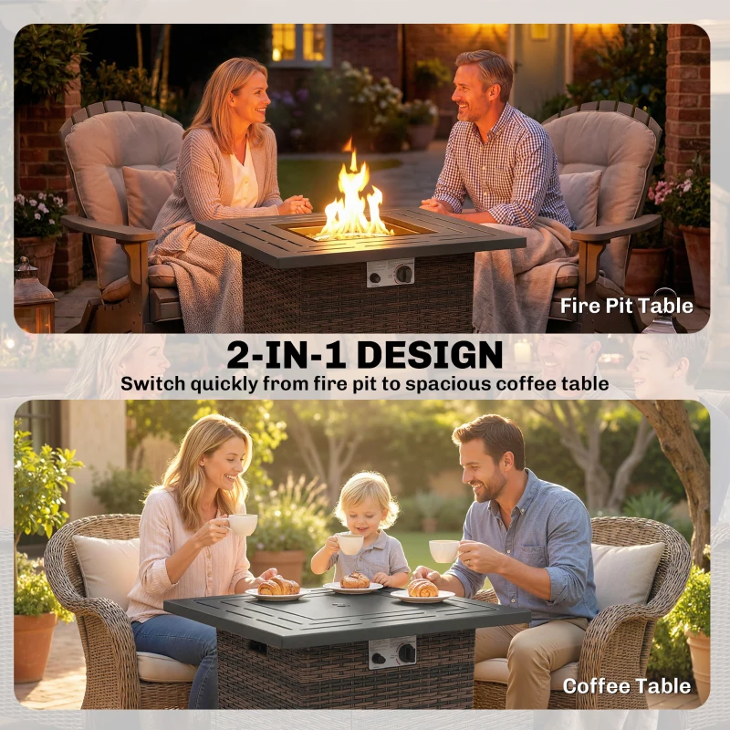 Outsunny Propane Fire Pit Table, 28 Inch 40,000 BTU Square Rattan Fire Table with Lava Rock, Pulse-Ignition Wicker Gas Fire Pit