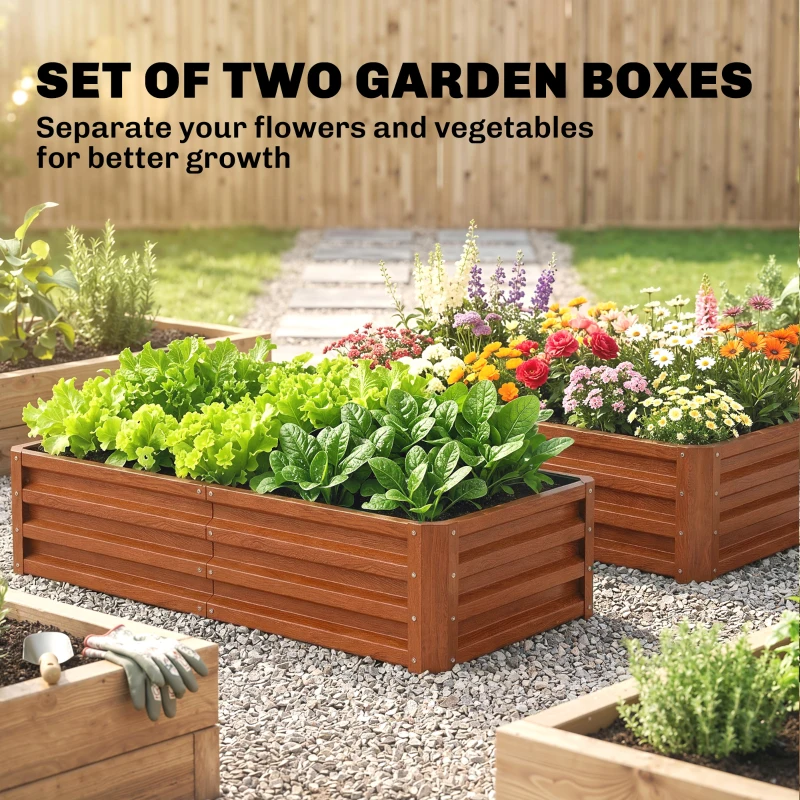 Outsunny 4' x 2' x 1' Raised Garden Bed, Set of 2 Galvanized Planter Box for Vegetables, Flowers, Herbs, Dark Brown Wood Effect