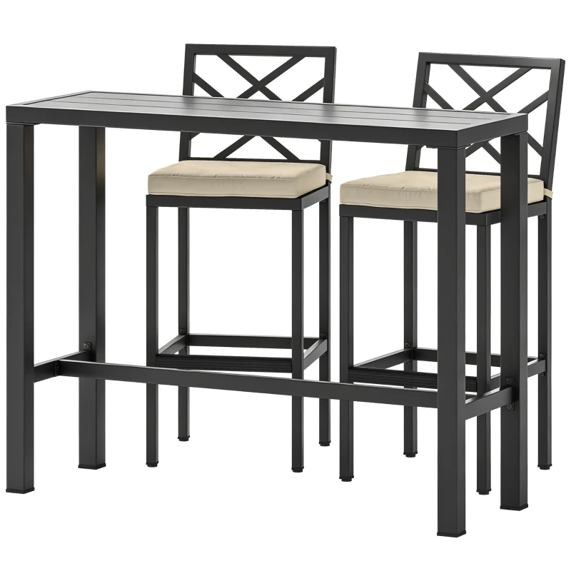 Outsunny 3 Piece Patio Bar Set, Outdoor Bar Table and Stools, Electrophoresis Steel Tabletop, X Back, Footrest, Cushions, Khaki