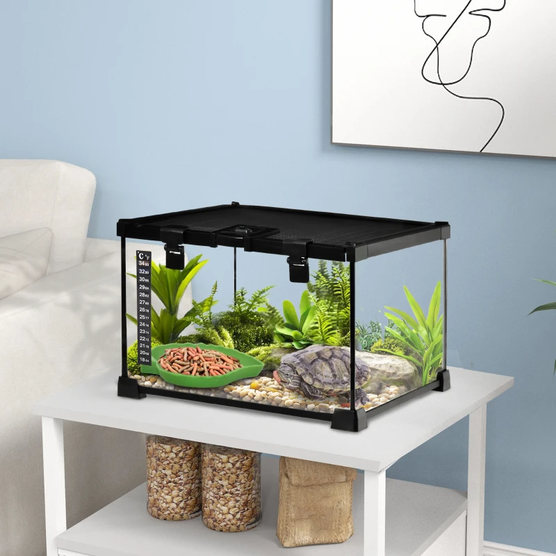 PawHut Glass Reptile Terrarium with Thermometer, Water Basin, Full View Visually for Lizards, Horned Frogs, Snakes, Spiders