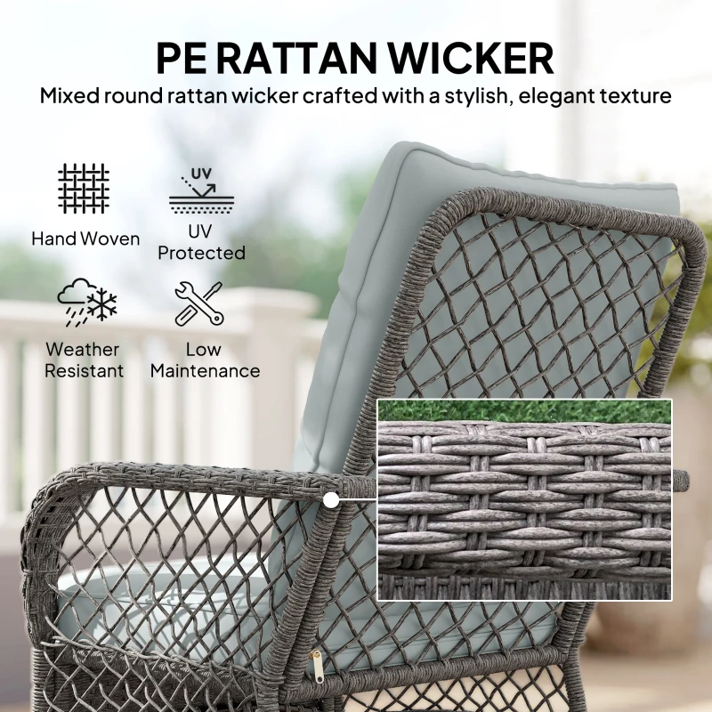 Outsunny Rocking Bistro Set, 3 Piece Wicker Patio Furniture with High Back Rocking Chairs and 2-Tier Glass Table, Light Grey