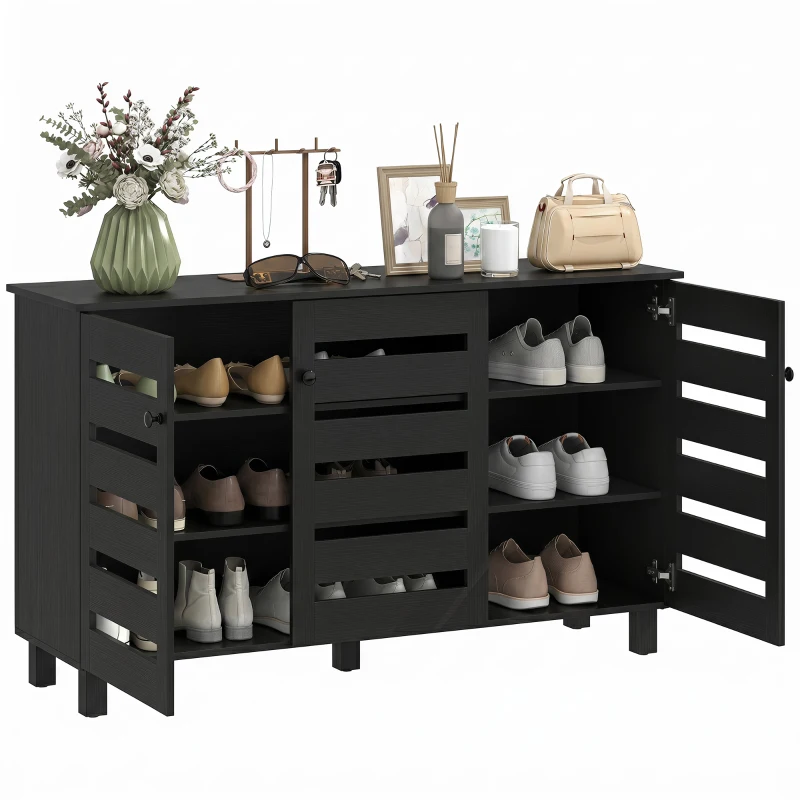 HOMCOM Shoe Cabinet with 3 Slatted Doors, 3-tier Shelving Rack Cabinet with Adjustable Shelves for 15 Pairs of Shoes, Black