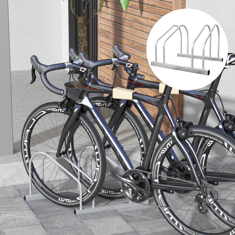 HOMCOM 2-Bike Adjustable Bike Rack, Steel Bike Stand, Ground Mount Garage Organizer for Indoor and Outdoor Use, Silver