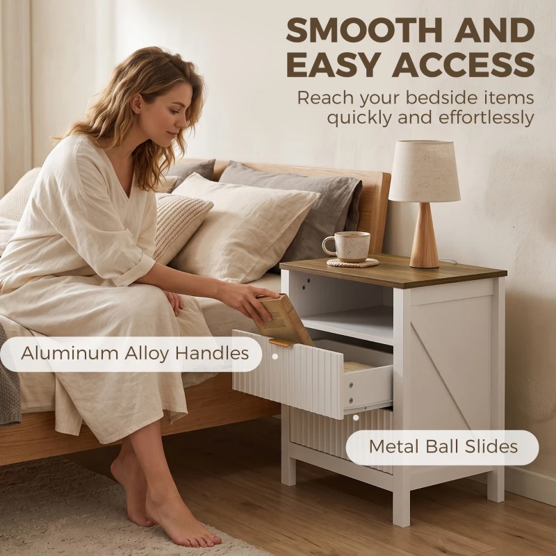 HOMCOM Modern Nightstand with 2 Fluted Drawers, Bedside Table with Open Storage Shelf, Anti-tipping Design, White and Walnut