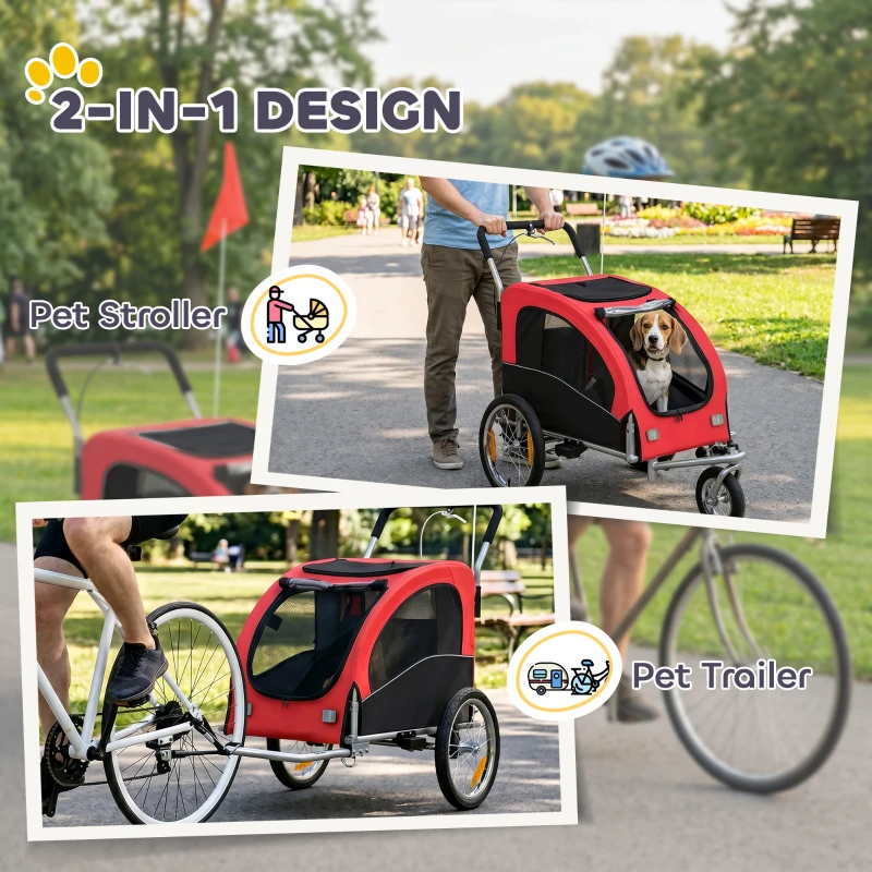 Aosom 2 in 1 Dog Bike Trailer, Foldable Pet Stroller, Dog Bicycle Trailer with Suspension, for Medium Dogs up to  44 LBS, Red