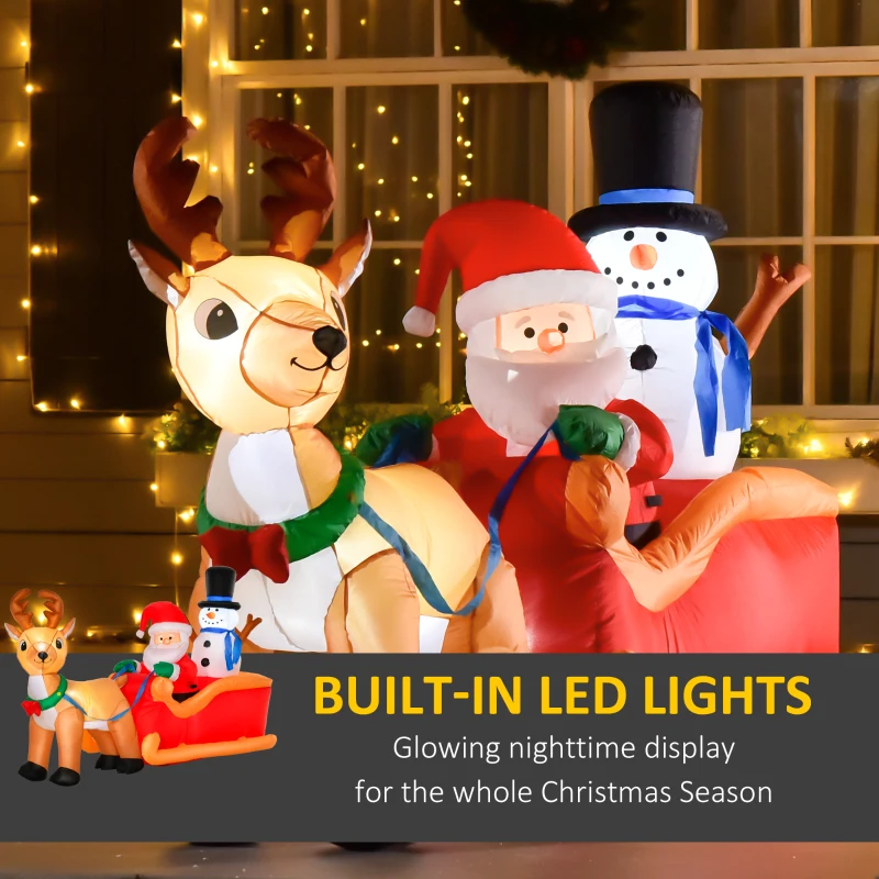 HOMCOM 6.5 ft Christmas Inflatable Santa Claus & Snowman on Sleigh with Reindeer, Blow up Christmas Decorations with LED Lights