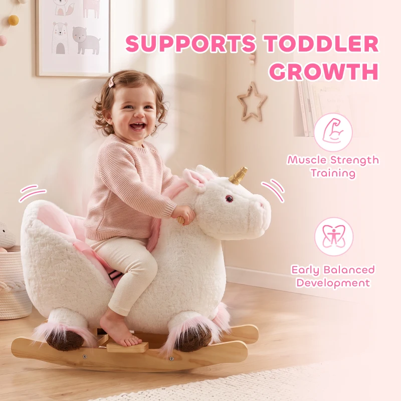 Qaba Unicorn Baby Rocking Horse, Kids Ride on Toy with Realistic Sound, Seat Belt for Toddlers 12-36 Months, White