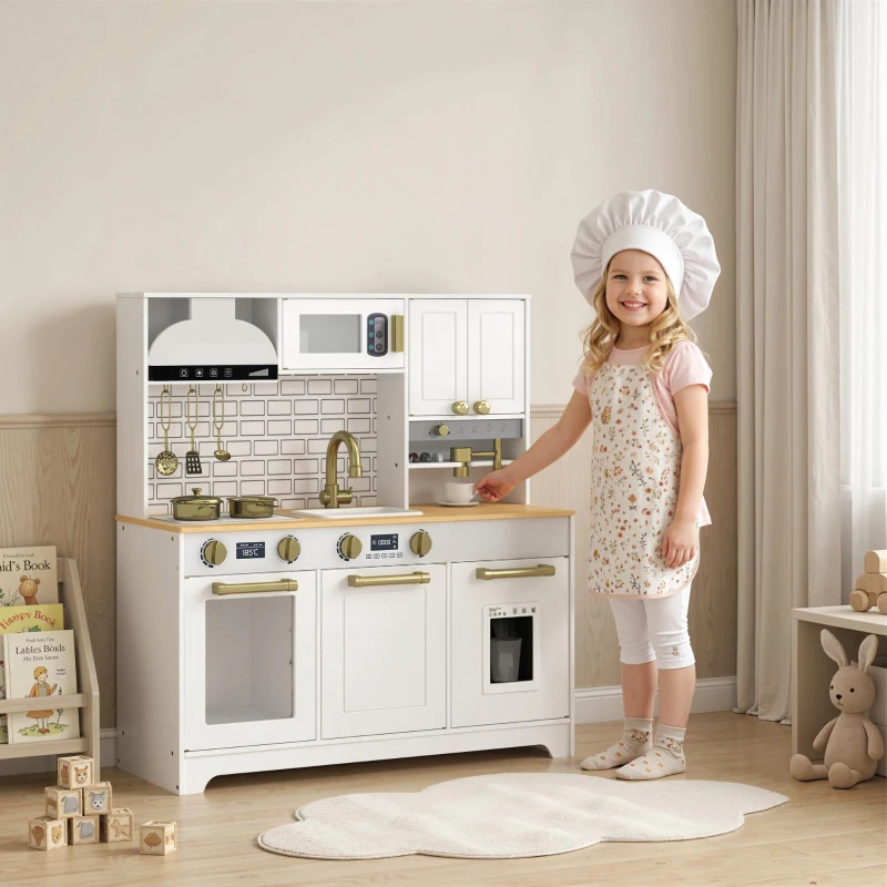 Qaba Play Kitchen, Kids Kitchen Playset with Coffee Maker, Ice Maker, Clicking Knobs, Storage, Accessories for 3-8 Years
