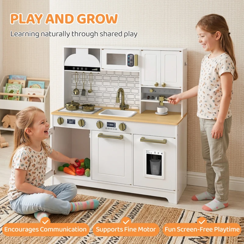 Qaba Play Kitchen, Kids Kitchen Playset with Coffee Maker, Ice Maker, Clicking Knobs, Storage, Accessories for 3-8 Years