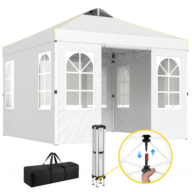 Outsunny 9.6 x 9.6 ft Pop Up Canopy Tent with Sidewalls, One Push Setup, UPF50+ Portable Instant Canopy Shelter, White