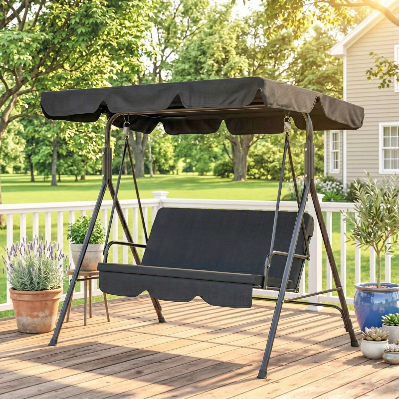 Outsunny 3-Seat Outdoor Patio Swing Chair with Removable Cushion, Steel Frame Stand and Adjustable Tilt Canopy for Patio, Garden, Poolside, Balcony, Backyard, Black