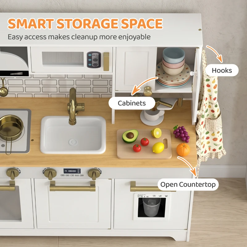 Qaba Play Kitchen, Kids Kitchen Playset with Coffee Maker, Ice Maker, Clicking Knobs, Storage, Accessories for 3-8 Years