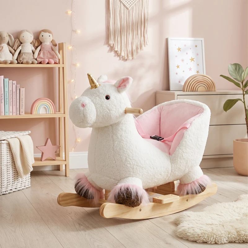 Qaba Unicorn Baby Rocking Horse, Kids Ride on Toy with Realistic Sound, Seat Belt for Toddlers 12-36 Months, White