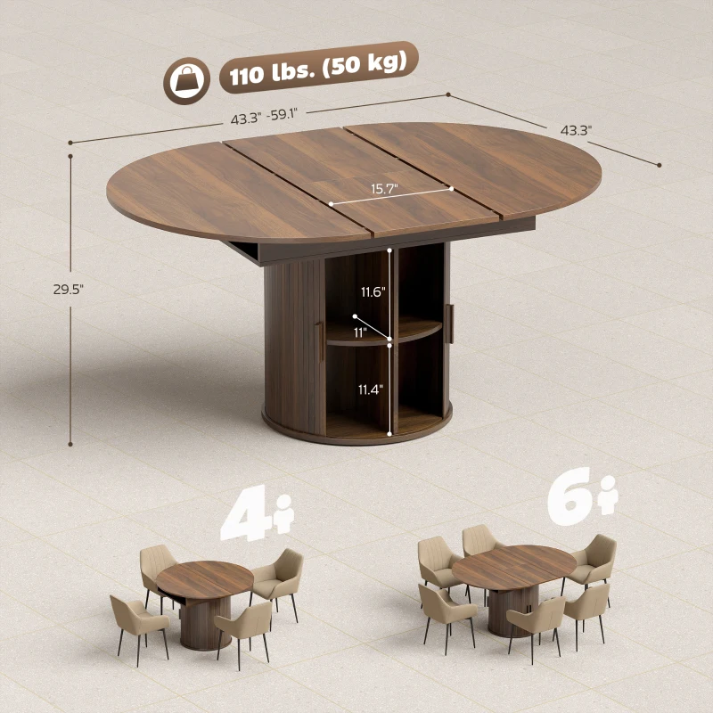 HOMCOM Extendable Dining Table for 6, 60" Farmhouse Kitchen Table with 2-Tier Storage Shelf and Fluted Sliding Doors, Walnut