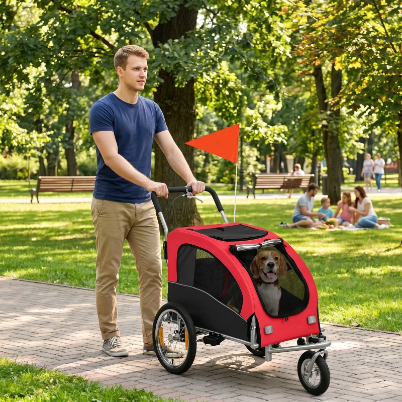 Aosom 2 in 1 Dog Bike Trailer, Foldable Pet Stroller, Dog Bicycle Trailer with Suspension, for Medium Dogs up to  44 LBS, Red