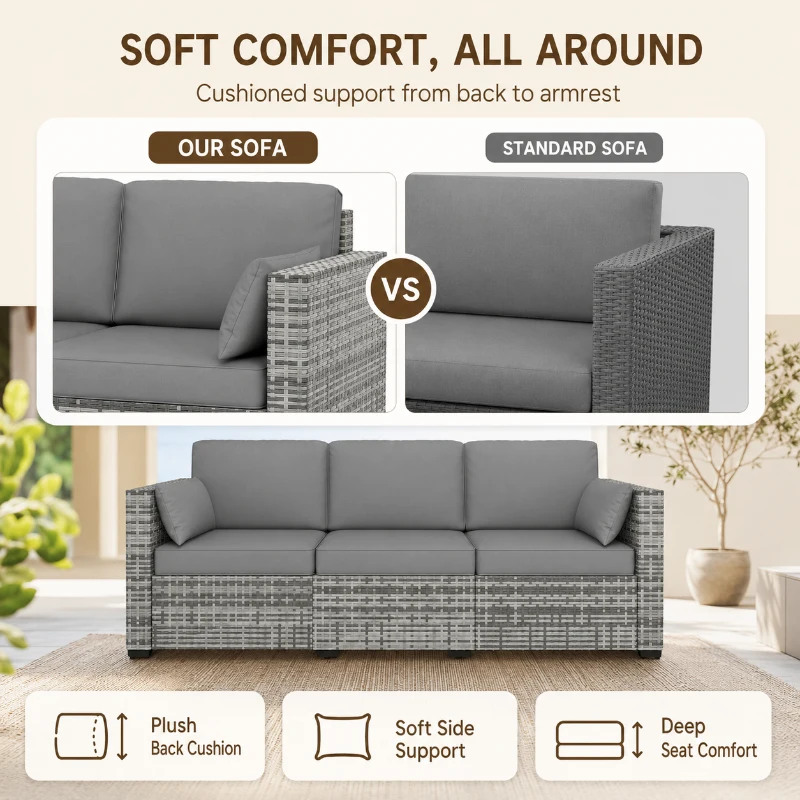 Outsunny Patio Couch PE Wicker Deep Seating Outdoor Sofa with Removable Cushions, 3 Seater Rattan Sofa, Outdoor Furniture for Balcony, Deck, Garden and Poolside, Gray