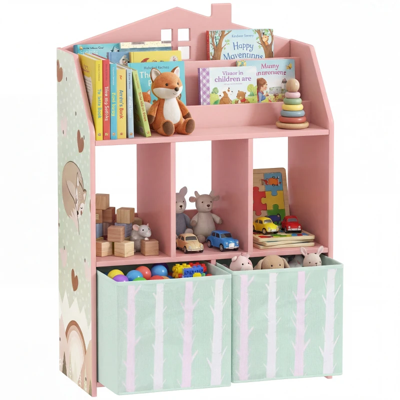 Qaba Kids Bookshelf with Storage, Toy Storage Unit with Book Display, Shelves and Fabric Drawers for Playroom Nursery, Pink