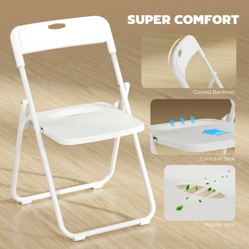 HOMCOM Folding Chairs 6 Pack, Plastic Foldable Chairs with Vent, Carry Hole and Steel Frame for Home, Office, Dining, White